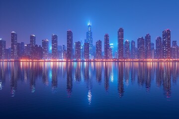 Abstract smart city scape, night light skyline, panoramic, wide angle, skyscrapers with a water reflection of the skyline