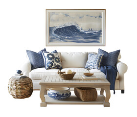 Coastal style furniture, sofa and decor on transparent background. PNG
