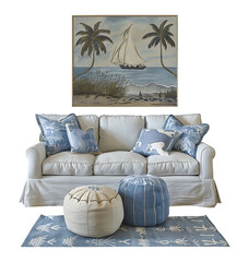 Coastal style furniture, sofa and decor on transparent background. PNG