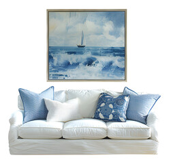 Coastal style furniture, sofa and blue pattern pillow with picture frame on transparent background. PNG