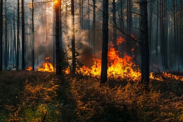Controlled Forest Burn at Dusk, Smoke Rising Among Trees - obrazy, fototapety, plakaty