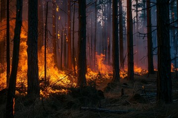Flames Engulf Underbrush in Forest Management Burn - obrazy, fototapety, plakaty