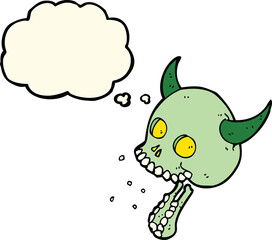 cartoon spooky skull with thought bubble