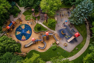 Aerial View of Colorful Playground Equipment in Lush Park