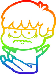 rainbow gradient line drawing of a annoyed cartoon boy