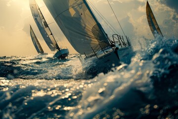 Exhilarating Sailboat Race, Focused View on the Water Splashes - obrazy, fototapety, plakaty