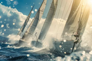 Zelfklevend Fotobehang High-Speed Sailboat Racing, Ocean Spray and Windy Challenge © Ilia Nesolenyi