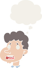 cartoon shocked man with thought bubble in retro style