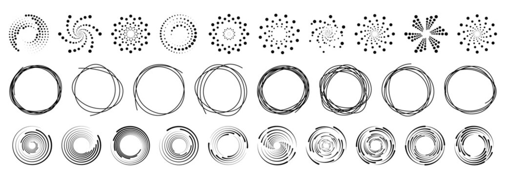 Dot circle pattern. Concentric vortex circles, circular ripple lines design. Dynamic abstract black spiral. White round dotted frames set isolated on black background.