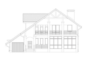 Outline suburban house model. Drawing of the modern building. Cottage project on white background. Vector blueprint.