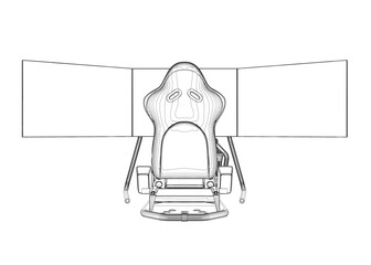 Electronic wheel technology for computer game, vector illustration. Race gaming simulator contour. Learn to drive with gaming wheel. Driving school, simulation driving lesson. Car racing video game