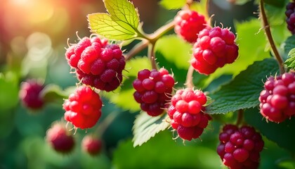 Raspberry fruit in the wild garden - permaculture food forest. Rubus idaeus - delicious red berry,...