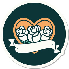 sticker of tattoo in traditional style of a heart and banner with flowers