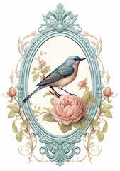 Elegant Bird and Roses Vintage Frame Illustration

