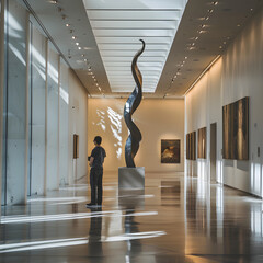 Modern Art Gallery Interior with Visitor Observing Abstract Sculpture and Canvases