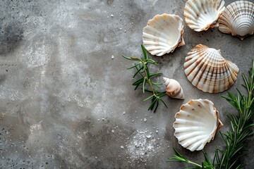 Minimalistic Sea Shell and Rosemary Arrangement on Concrete