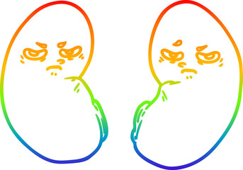 rainbow gradient line drawing of a cartoon irritated kidneys