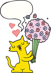 cartoon cat in love with flowers with speech bubble