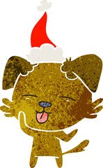 hand drawn retro cartoon of a dog sticking out tongue wearing santa hat