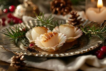 Obraz na płótnie Canvas Elegant Christmas Dining with Gourmet Scallop Dish