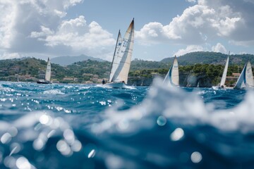 Yacht Race Excitement on Blue Seas with Coastal Backdrop - obrazy, fototapety, plakaty