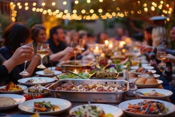 Gourmet Outdoor Dinner Party, Twinkling Lights Ambiance