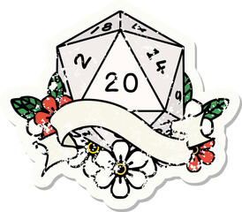 grunge sticker of a natural twenty D20 dice roll