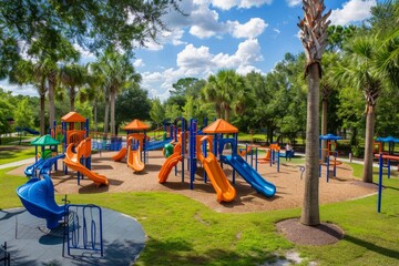 Recreational Playground Amidst Lush Trees, Overhead Shot