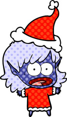 hand drawn comic book style illustration of a shocked elf girl wearing santa hat