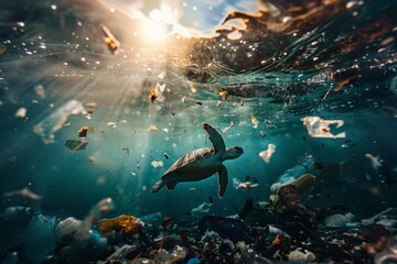 turtle swims underwater pollution garbage - obrazy, fototapety, plakaty