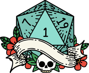 Retro Tattoo Style natural one d20 dice roll