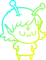 cold gradient line drawing of a cartoon alien girl