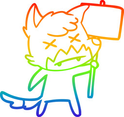 rainbow gradient line drawing of a cartoon dead fox with protest sign