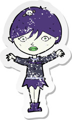 retro distressed sticker of a cartoon waving vampire girl