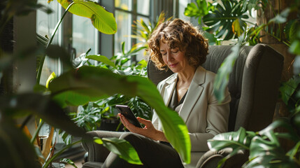 Obraz premium Focused middle-aged businesswoman uses mobile phone in modern office with bright green plants