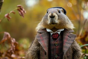 Distinguished Anthropomorphic marmot wearing aristocratic furry coat. Wild animal dressed in medieval cloak with fur. Generate ai - obrazy, fototapety, plakaty