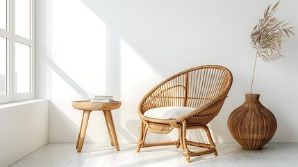 Design wicker chair in stylish light bedroom interior Rattan armchair by the white wall in the living scandinavian room