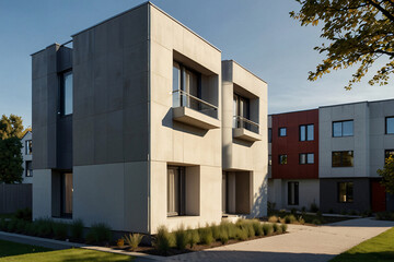 Street with modern modular private townhouses. Appearance of residential architecture