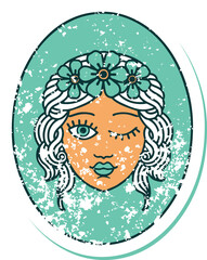 iconic distressed sticker tattoo style image of a maiden with crown of flowers winking