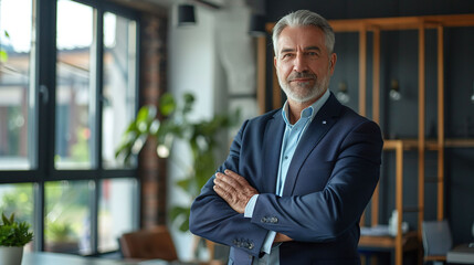 Successful Lawyer Portrait: Middle-Aged Professional Businessman, Confident CEO, Stands in Office, Arms Crossed, Looking at Camera
