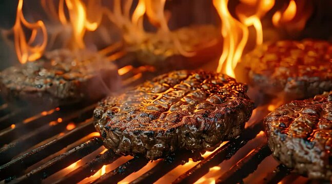 Meat on the grill with flames (mov) made with Ai generative technology