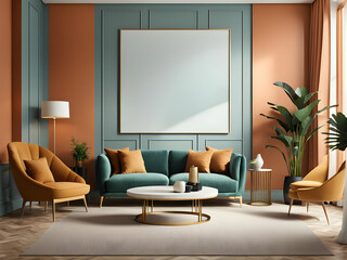Mock-up poster frame in modern interior background, living room, Art Deco style, 3D render, 3D illustration
