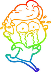 rainbow gradient line drawing of a cartoon crying man running