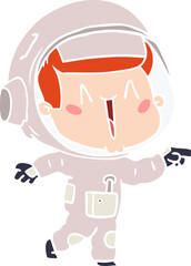 happy flat color style cartoon astronaut pointing