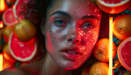Sexually seductive girl against the background of oranges and a neon heart of passionate love. - obrazy, fototapety, plakaty