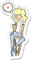 retro distressed sticker of a cartoon woman posing on chair