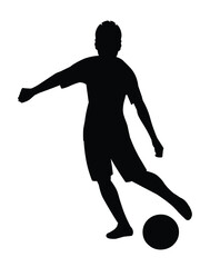 Fototapeta na wymiar Silhouette of playing football boy dribbling the ball on the field and going to kick a ball on a white background