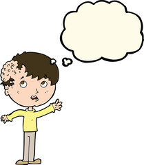 cartoon boy with growth on head with thought bubble