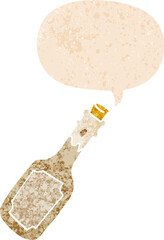 cartoon beer bottle with speech bubble in grunge distressed retro textured style