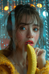 Sexy seductive girl with a banana in her hand against the background of a neon heart of passionate love.